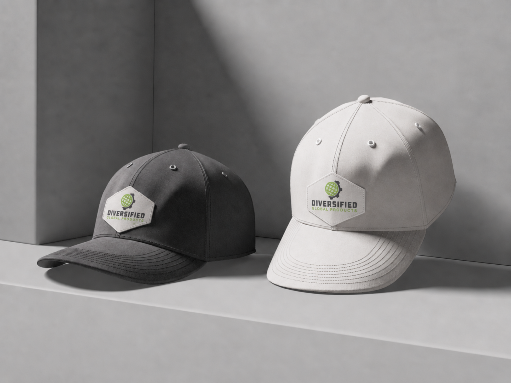 Two embroidered trucker caps displayed side-by-side.