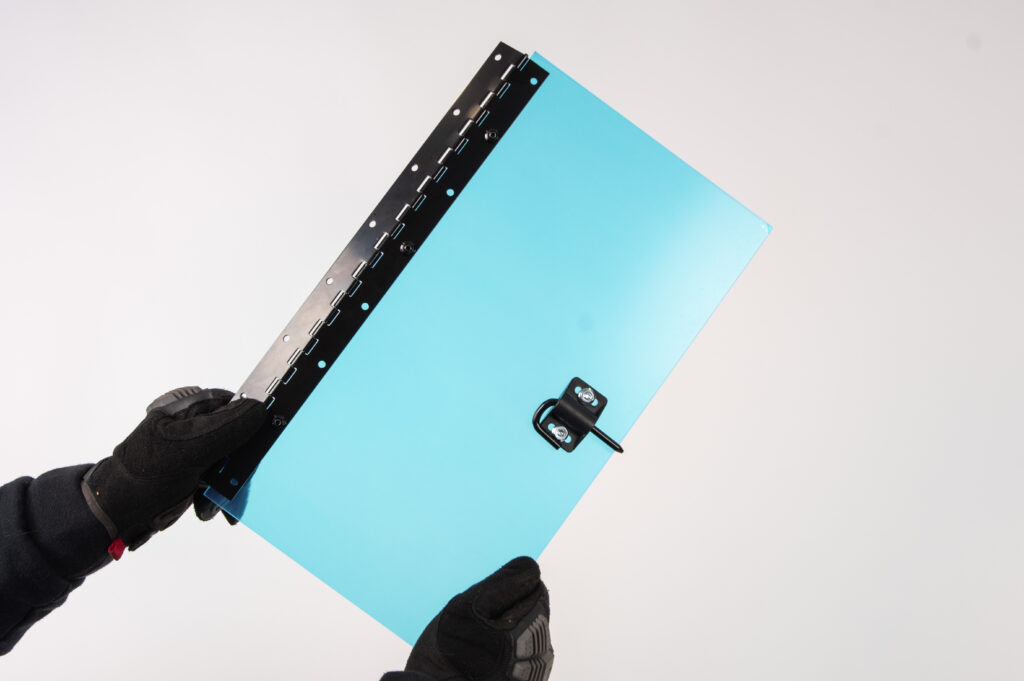 Light blue double-hung vinyl window assembly on a plain background